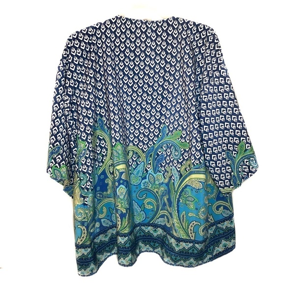 Silky Blue & Green Patterned Kimono - Picture 2 of 6
